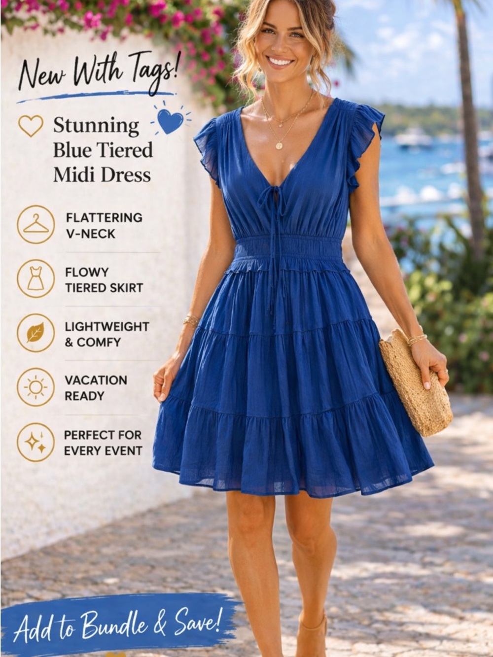 NWT Blue Tiered Ruffle Midi Dress | Boho Flutter Sleeve Vacation | Size 1X